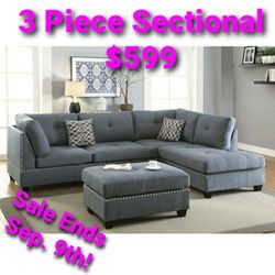 Grey 3 Piece Sectional Nailhead Trim Pillows Included On Sale Now For $599 Firm Price