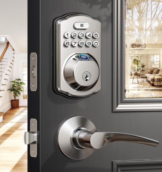 Veise Fingerprint Door Lock with 2 Lever Handles Keyless Entry Door Lock Electronic Keypad Deadbolt & Front Door Lock Handle Sets Auto Lock & 1 To
