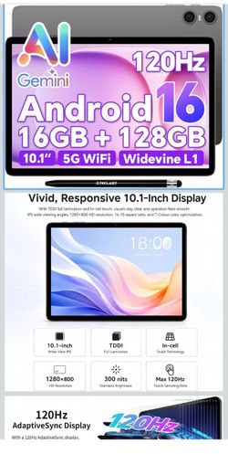 10.1" P30T Android16 Tablet, 16GB+128GB Stylus for Study Streaming 120Hz IPS, Widevine L1, GPS, Included Stylus for Notes, 6000mAh, Parental Control, 