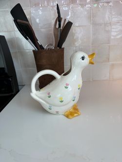 Vintage 1985 Enesco Duck Ceramic Pitcher Vase Cottage Core Granny Chic