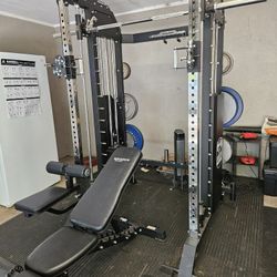 JackedUp Fitness Rack Cable/ Smith Machine With Accessories.  Includes a GMWD  Leg Ext And Prone Leg Curl Machine