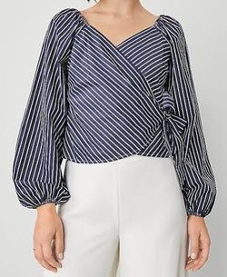 Ann Taylor Navy Striped Wrap Blouse size 8