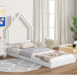 ZNTS Twin House-Shaped Headboard Floor Bed With Handrails ,Slats,White 