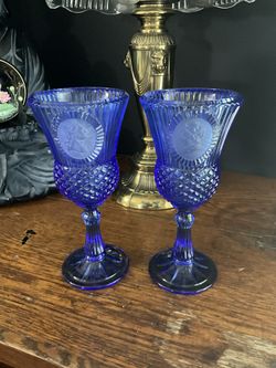 2 Bicentennial 1976 Avon Fostoria Cobalt Blue George & Martha Washington Goblets