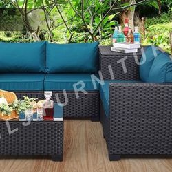 NEW🔥Outdoor Patio Furniture Set Black Wicker Peacockl Blue 4" Cushions Storage and Cover ASSEMBLED