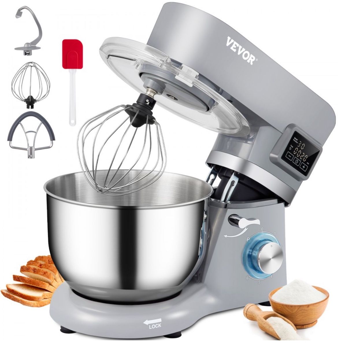 VEVOR Stand Mixer, 660W Electric Dough Mixer with 6 Speeds LCD Screen Timing, Tilt-Head Food Mixer with 5.8 Qt Stainless Steel Bowl, Dough Hook, Flat