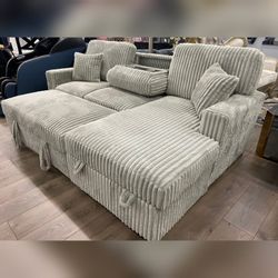 Ash corduroy sectional pullout sleeper couch drop down table w/ cup holders