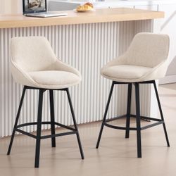 Swivel Bar Stools Set of 2, Modern Counter Height Barstools with Backs, 26'' Upholstered Linen Fabric High Chairs for Island Kitchen, Counter Height C