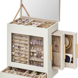 Jewelry Box with Glass Window, 5-Layer Jewelry Organizer with 3 Side Drawers, Jewelry Storage, with Big Mirror, Modern, 5