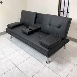 Brand New $155 Futon Folding Sofa Bed 65x30x31” PU Leather w/ Cup Holder 