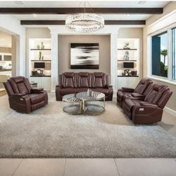 Power Recliner Set with LED Lights, Air Leather Reclining Set with USB Port/Wireless Charger/Storage Console