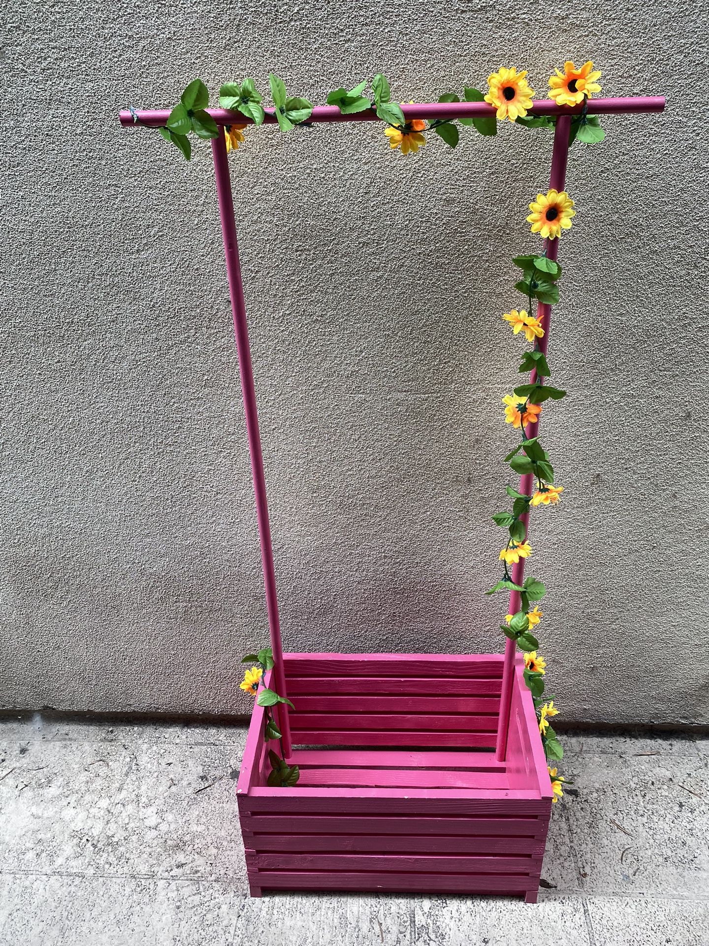 Pink Wooden Planter with Sunflower Decor