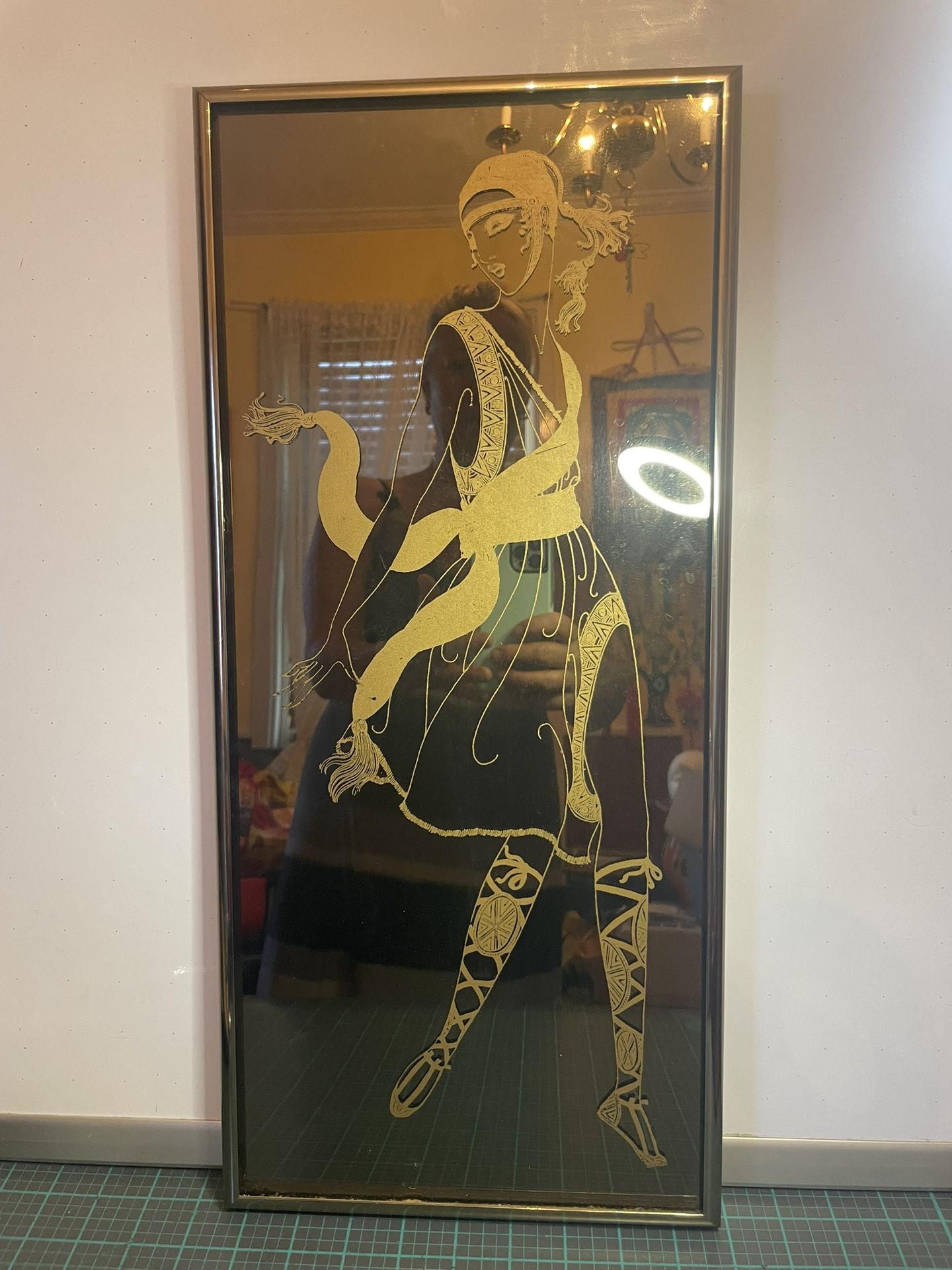 Art Deco Wall Etched Mirror Woman Dancer With Hanging Wire 20”x 9”