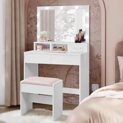 Vanity Desk with Power Outlets, Makeup Vanity with Mirror and Lights, with Upholstered Vanity Stool, 9 Dimmable LED Lights, 2 Compartments