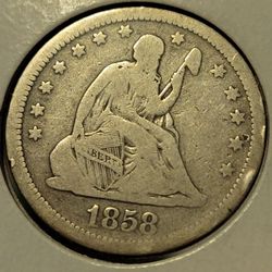 1858 Seated Liberty Quarter Silver Coin