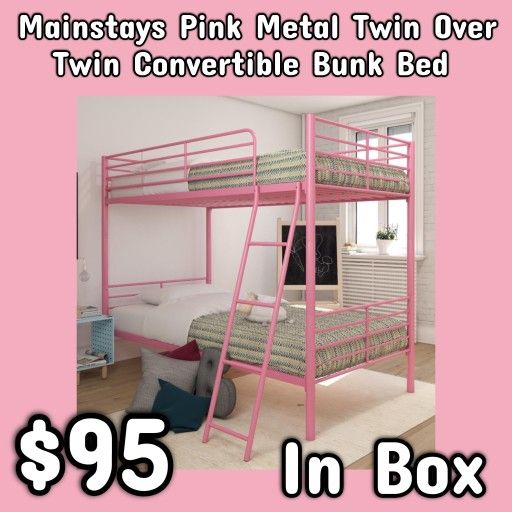 NEW Mainstays Pink Twin Over Twin Metal Convertible Bunk Bed In Box: njft 