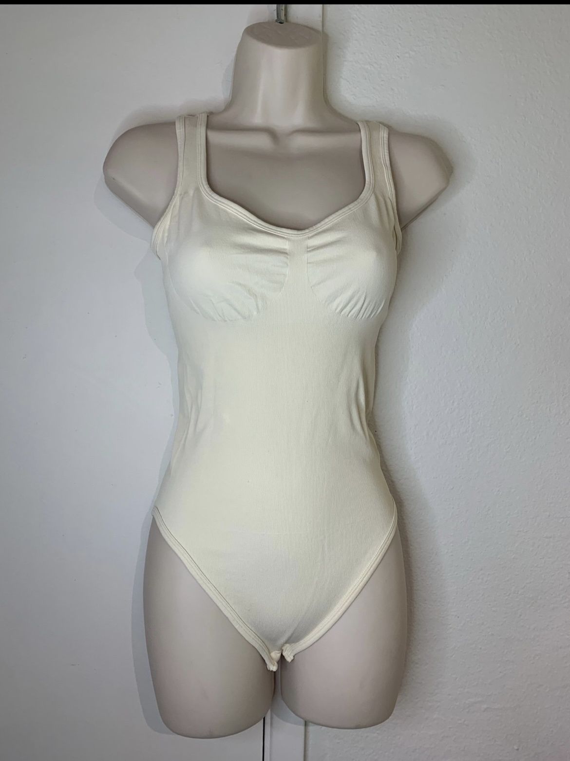 Beige Bodysuits Ribbed Sleeveless Square Neck Sleeveless large