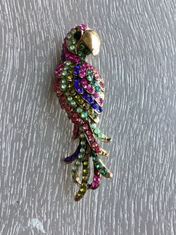 Betsey Johnson Vintage Golden Rainbow Macaw Brooch/ Pendant Fully Studded With Colorful Crystals