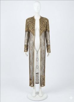 Vintage L'affaire Hand Beaded Sheer Mesh Duster Jacket Robe One Size Gold Brown