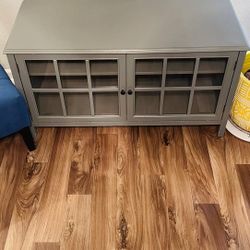 Gray Wood TV Stand with Glass Doors – Mint Condition 
