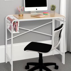 Home Office Computer Desk with Side Basket, White