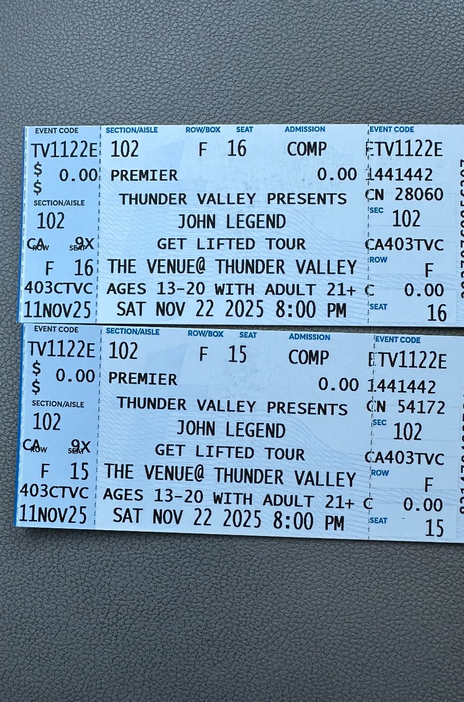 John Legend Concert ( Front stage Tickets)🎟️ Thunder Valley Casino, 11/22/25 Almost Sold Out!