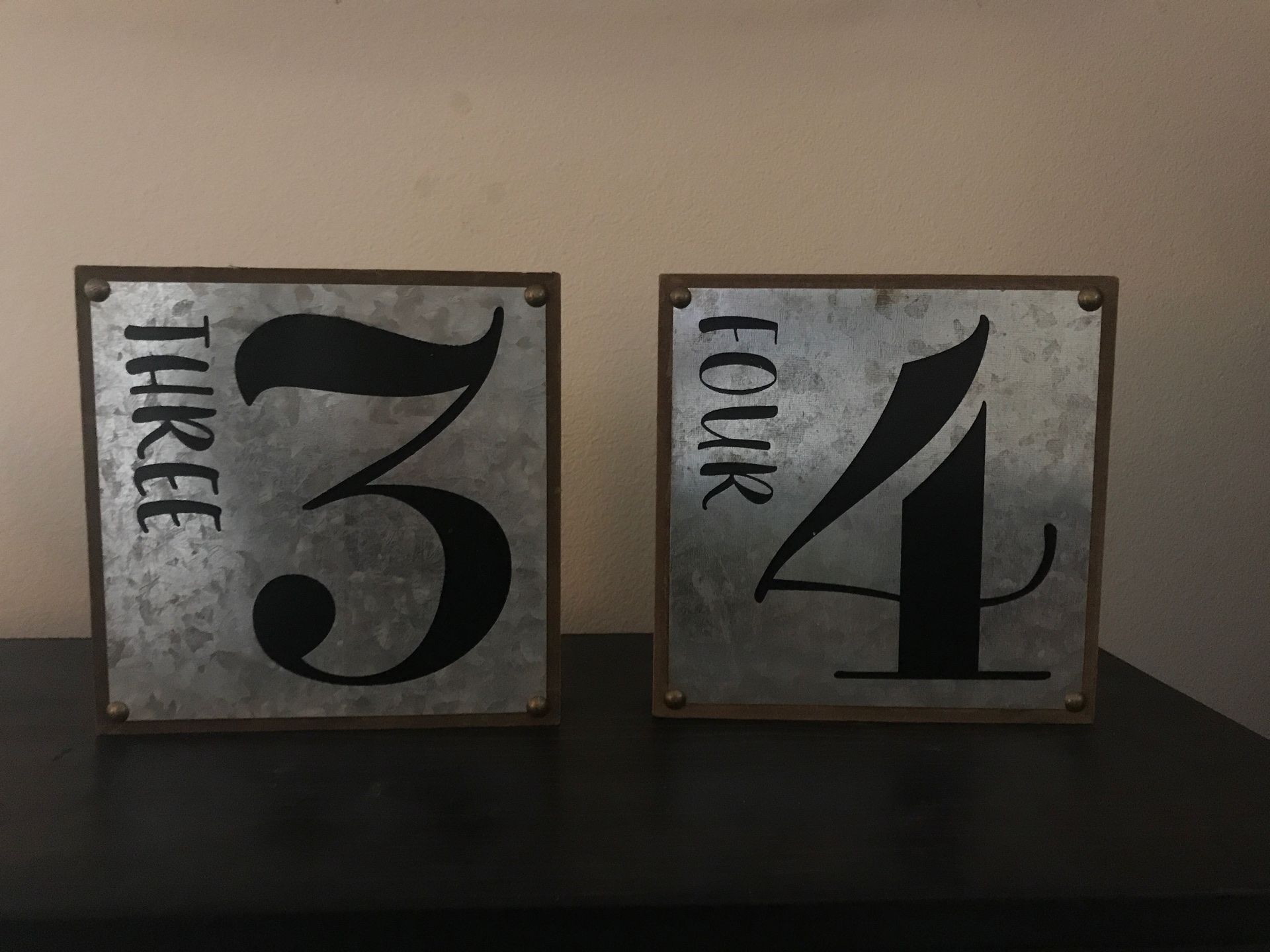 Galvanized metal numbers “3” and “4”