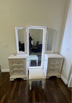 White Vanity Set with LED Mirror and Stool