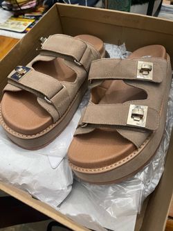 Tan Suede Double Strap Platform Sandals