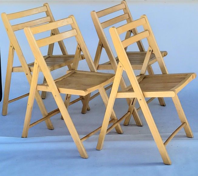 Mid Century Vintage Set of Four Solid Wood Folding Chairs