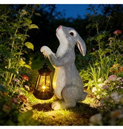 Solar Rabbit Garden Statue with Lights - Whimsical Solar Powered Bunny Figurine for Outdoor Decor, Auto On/Off Waterproof Patio, Yard, Lawn, Balcony D