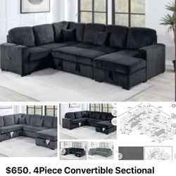 $650. 4Piece Convertible Sectional  Sleeper Sofa ,Chaise Storage ,Sofa Storage & USB Ports 98” x 103” x 61” x36”H