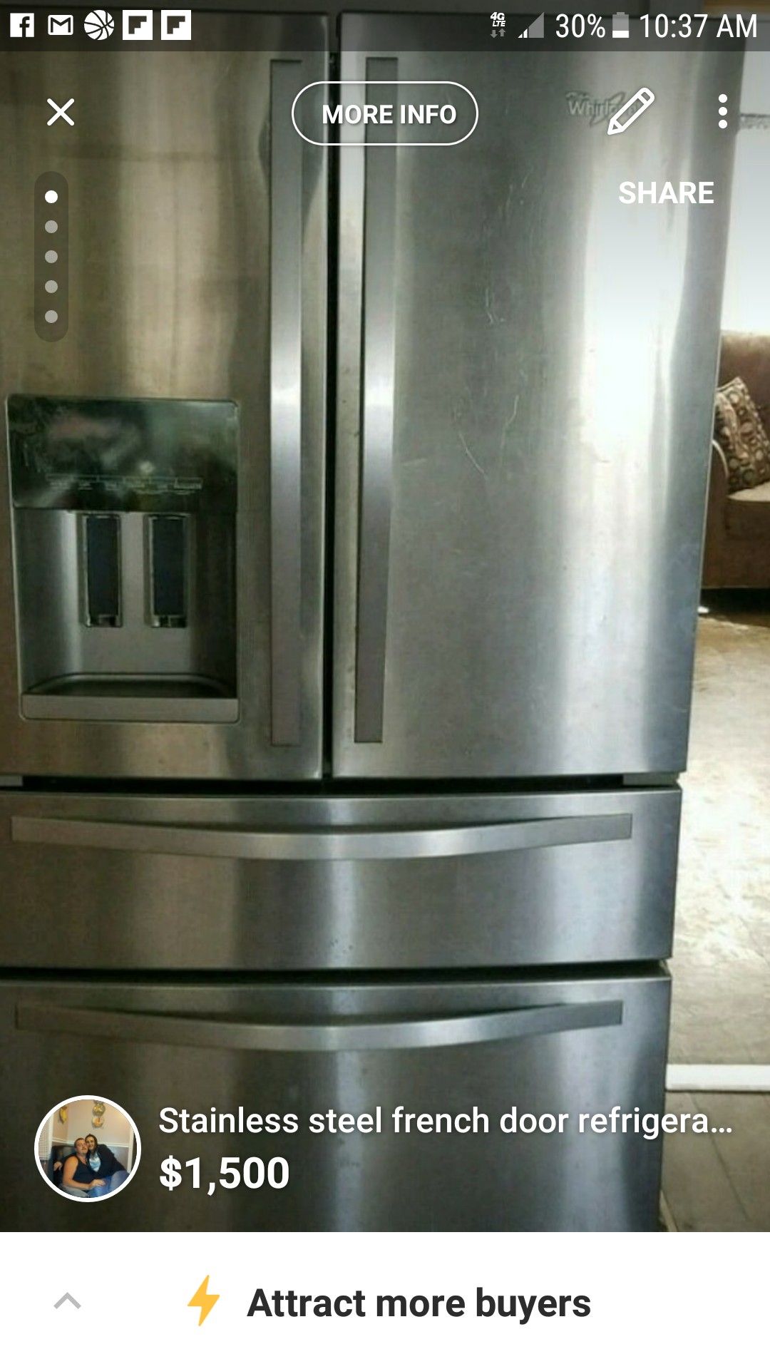 Whirlpool French door refrigerator with ice maker and water
