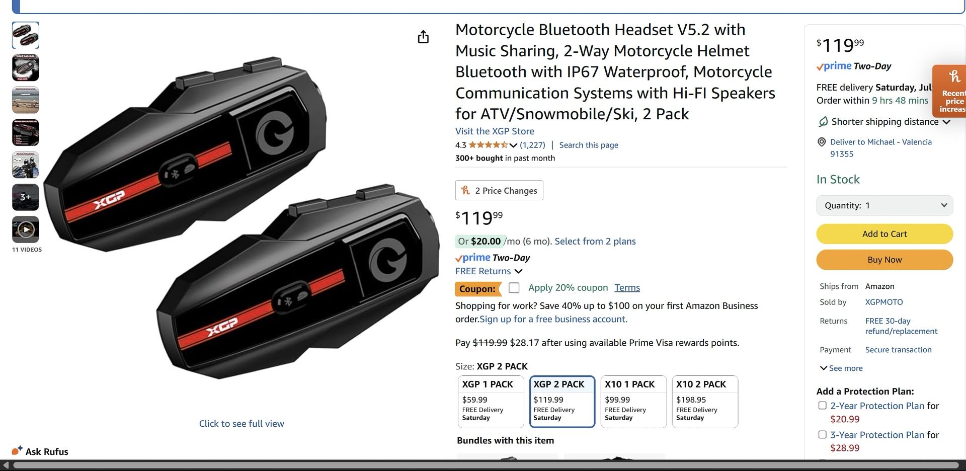 XGP Motorcycle Bluetooth Headset Set Of Two