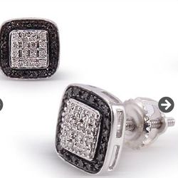 Powerful Mens 14K White Gold Over Solid Sterling Silver 1/4 CTW Black and White Diamonds Designer Earrings
