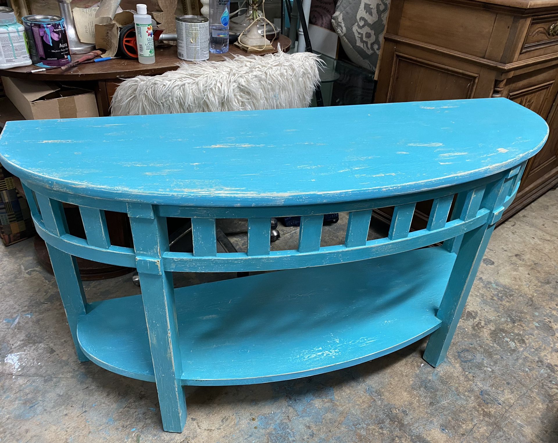 Turquoise Half Moon Distressed Shabby Chic Table For Sale