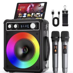 Karaoke Machine, Portable Bluetooth Karaoke Speaker with 2 Wireless Microphones, PA System for Adults Kids with LED Lights & Echo Adjustment, Supports