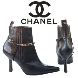 Rare Vintage 90's Chanel Black Leather Pointed Toe Chain strap Harness Boots
