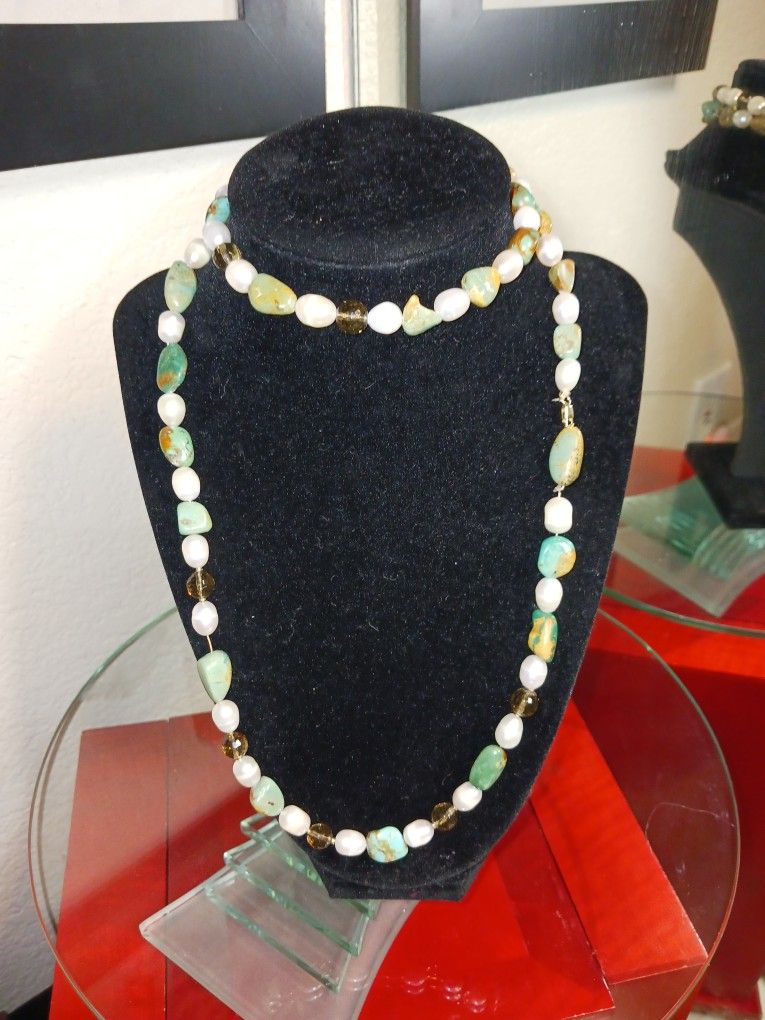 Authentic .585 (14K Yellow Gold Wire And Beads) W/Authentic Vintage:Turquoise /Fresh Water Pearl/Smokey Quarts