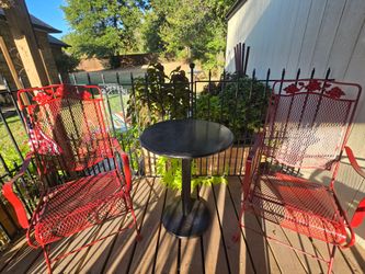 Red Metal Patio Rockers and Bistro Table Set