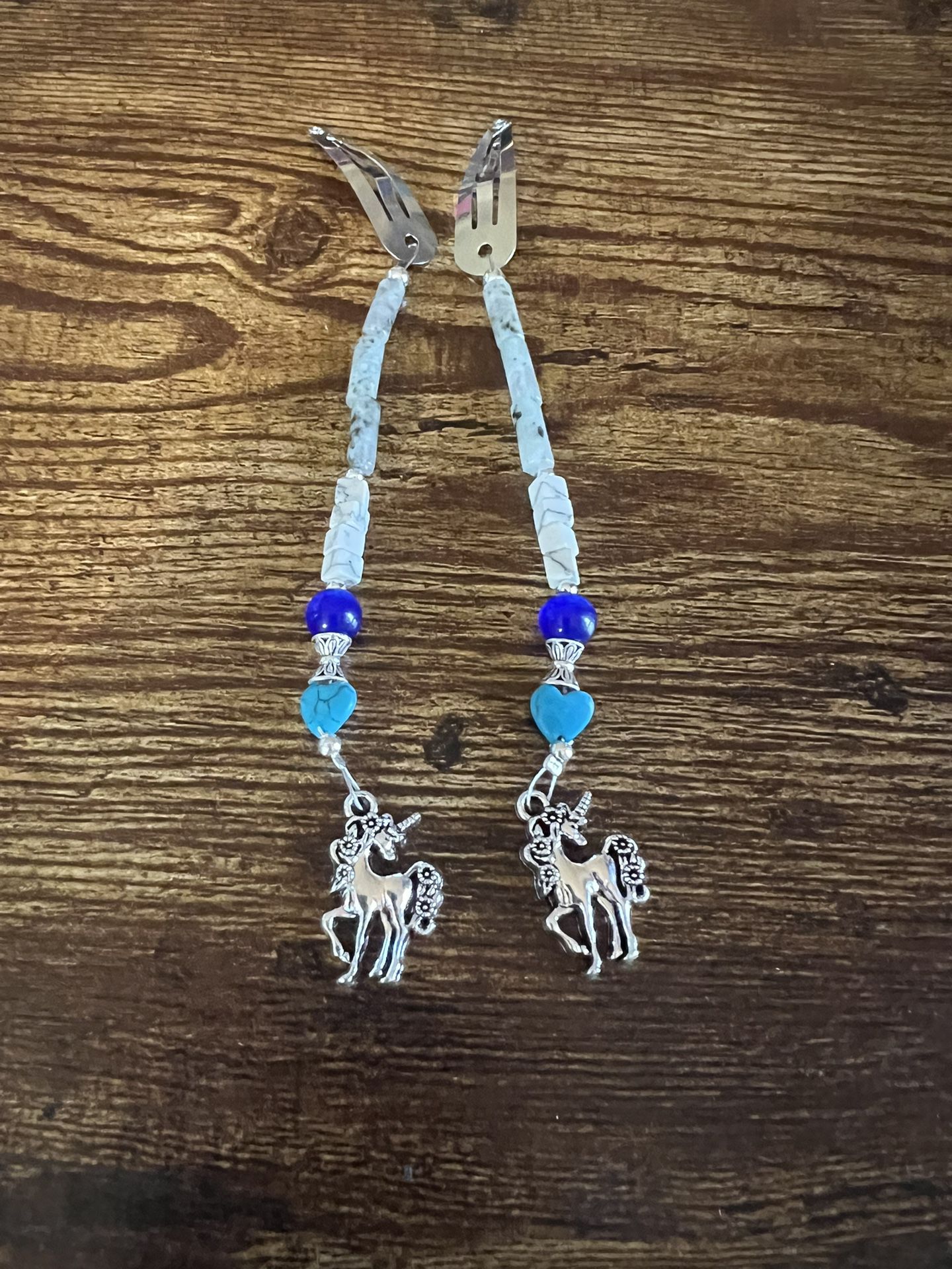 Silver Hair Clips With Beads And Unicorn Charms