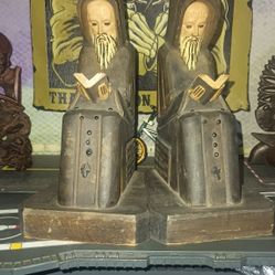 Mid-century Hand-carved Wooden Hooded Monk Reading Bible Bookends