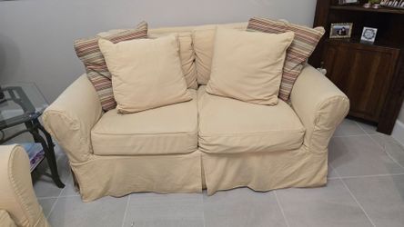 TWO Light Yellow Denim Loveseats