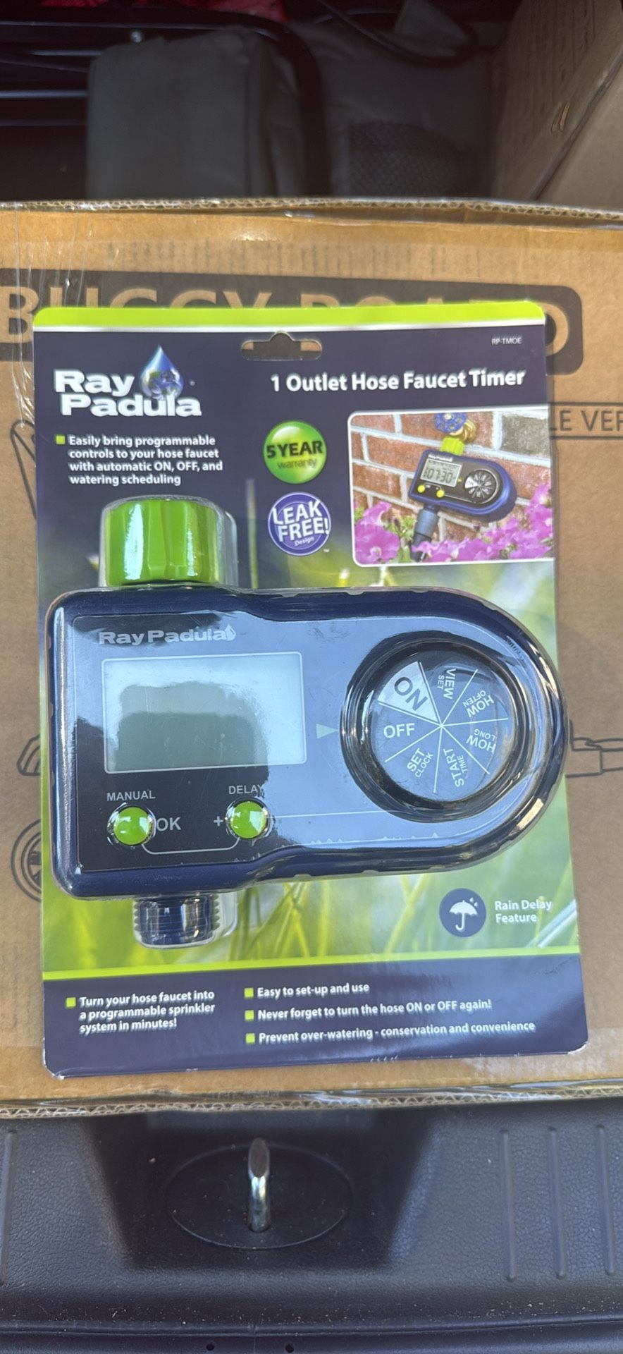 Ray Padula 1-Zone Electronic Sprinkler Timer (Model RP-TMOE). This device allows you to automate your garden hose for watering by programming ON/OFF t