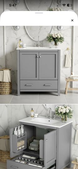 30 inch wooden gray bathroom vanity with sink basin