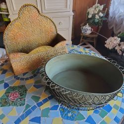 Two metal catch all containers, one great for mail, the other 2-in-1 wire bowl for fruits & vegetables, etc. Festive set!