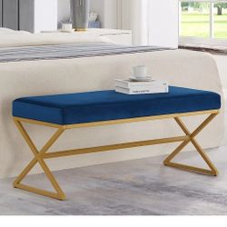 24KF Velvet Upholstered Entryway Bench with Metal Leg, Padded Bedroom Bench Seat Cushion with Golden Metal X-Legs -Navy

