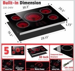 30 Inch Electric Cooktop - 9000W Powerful 5 Burner Electric Stovetop, 220V Built-in Ceramic Stove 30 Inches with Triple Ring, Timer, Safety Lock, Paus