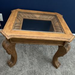 Large Heavy Solid Carved Wood Table, Beveled Edges, Curved Inlay Carved Under Removable Beveled Edge Glass 