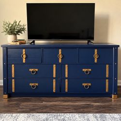 Navy Blue 7-Drawer Dresser / TV Console with Gold Hardware – Restoration Project